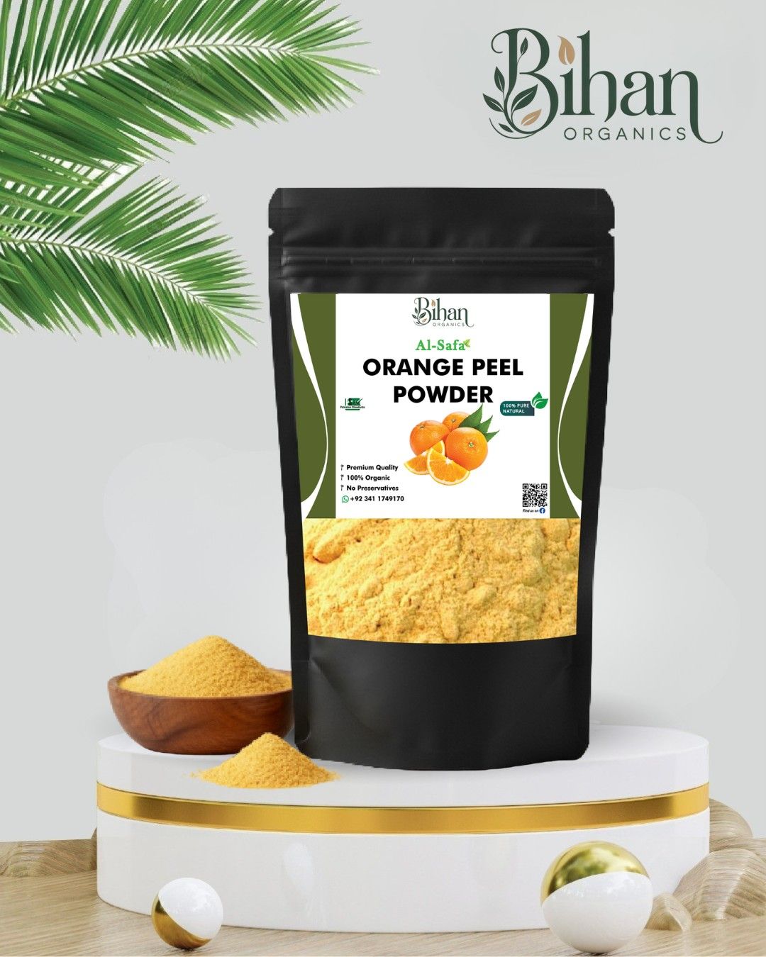 Orange peel powder made from sun-dried orange peels for skin care, digestion, and natural wellness