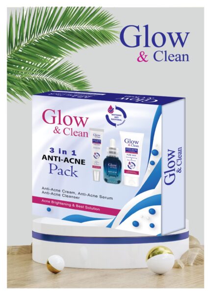 Glow & Clean 3 in 1 Acne Kit Anti Acne Skincare Trio with Anti Acne Cream, Cleanser, and Serum for pimple control and clearer skin.
