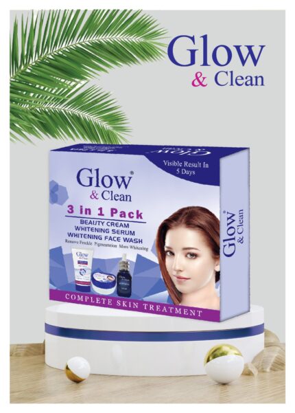 Glow & Clean 3 in 1 Beauty Kit Whitening Skincare Trio with Beauty Cream, Whitening Facewash, and Whitening Serum for brightening and spot reduction.