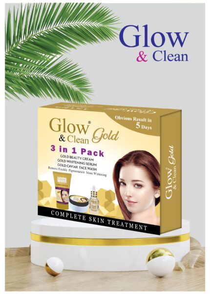 Glow & Clean 3 in 1 Gold Kit Gold Skincare Trio with Gold Cream, Gold Facewash, and Gold Serum for glowing and youthful skin.