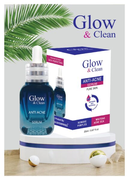Glow & Clean Anti Acne Serum bottle for acne reduction, pore cleansing, and oil control.