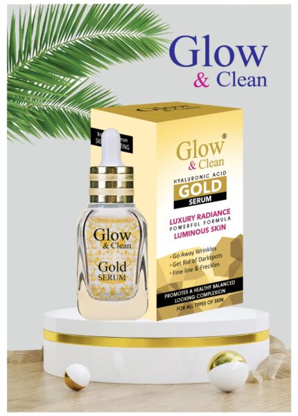 Glow & Clean Gold Serum bottle with gold-infused brightening formula.