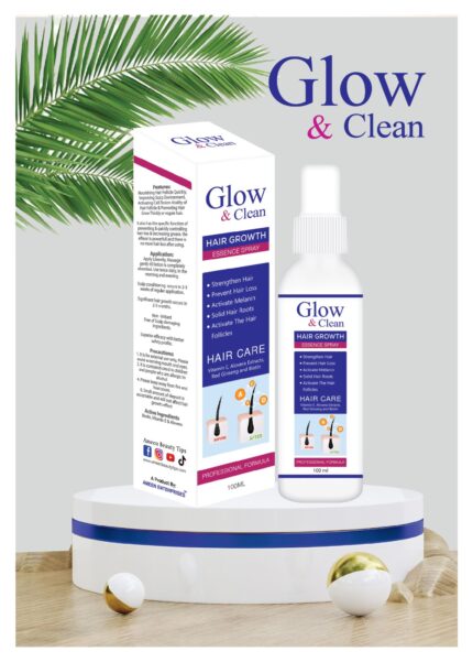 Glow & Clean Hair Growth Spray for reducing hair fall and promoting hair regrowth.