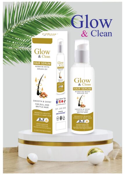Glow & Clean Hair Serum bottle for frizz control, shine enhancement, and hair nourishment.