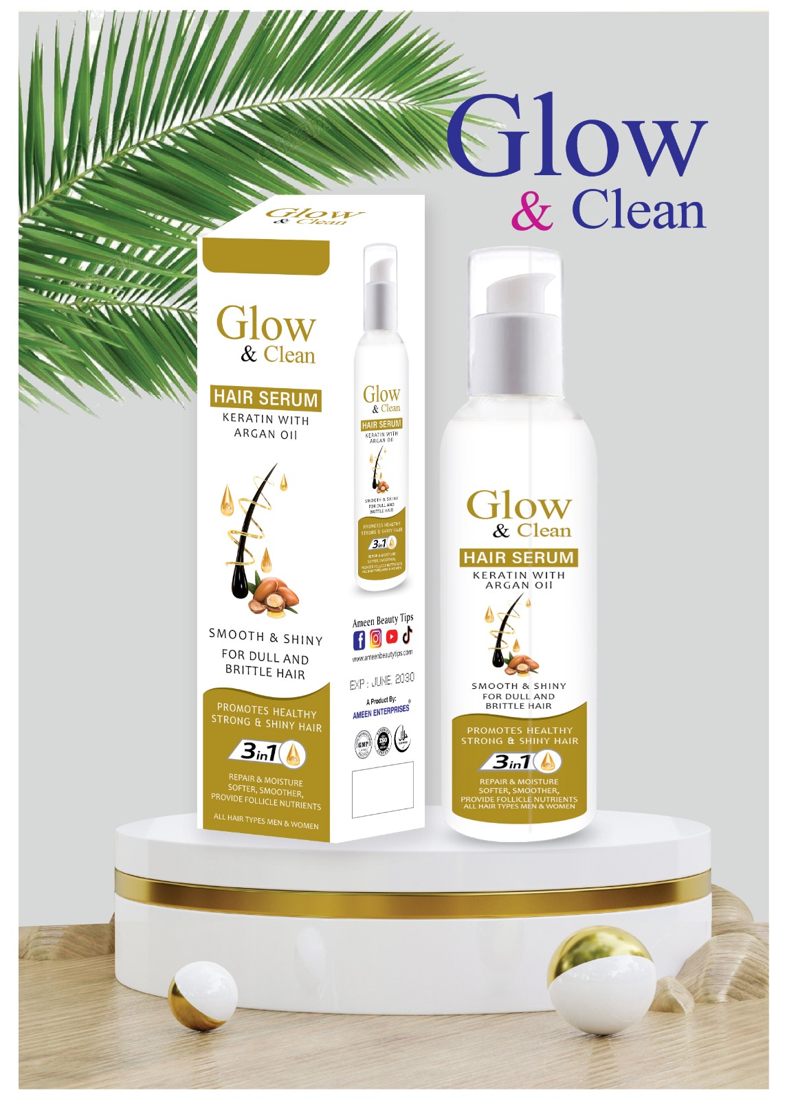 Glow & Clean Hair Serum Glow & Clean Hair Serum bottle for frizz control, shine enhancement, and hair nourishment.