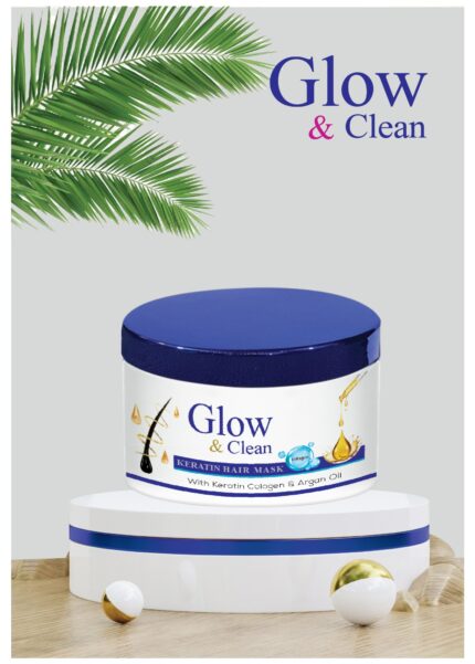 Glow & Clean Keratin Hair Mask for repairing damaged, frizzy, and chemically treated hair.