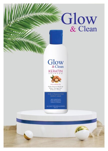 Glow & Clean Keratin Shampoo for frizz control, smoothing, and damaged hair repair.