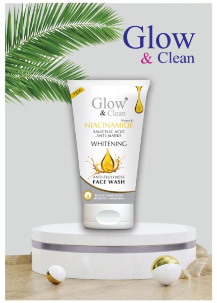 Glow & Clean Niacinamide Whitening Facewash tube for brightening, pore-refining, and oil control.