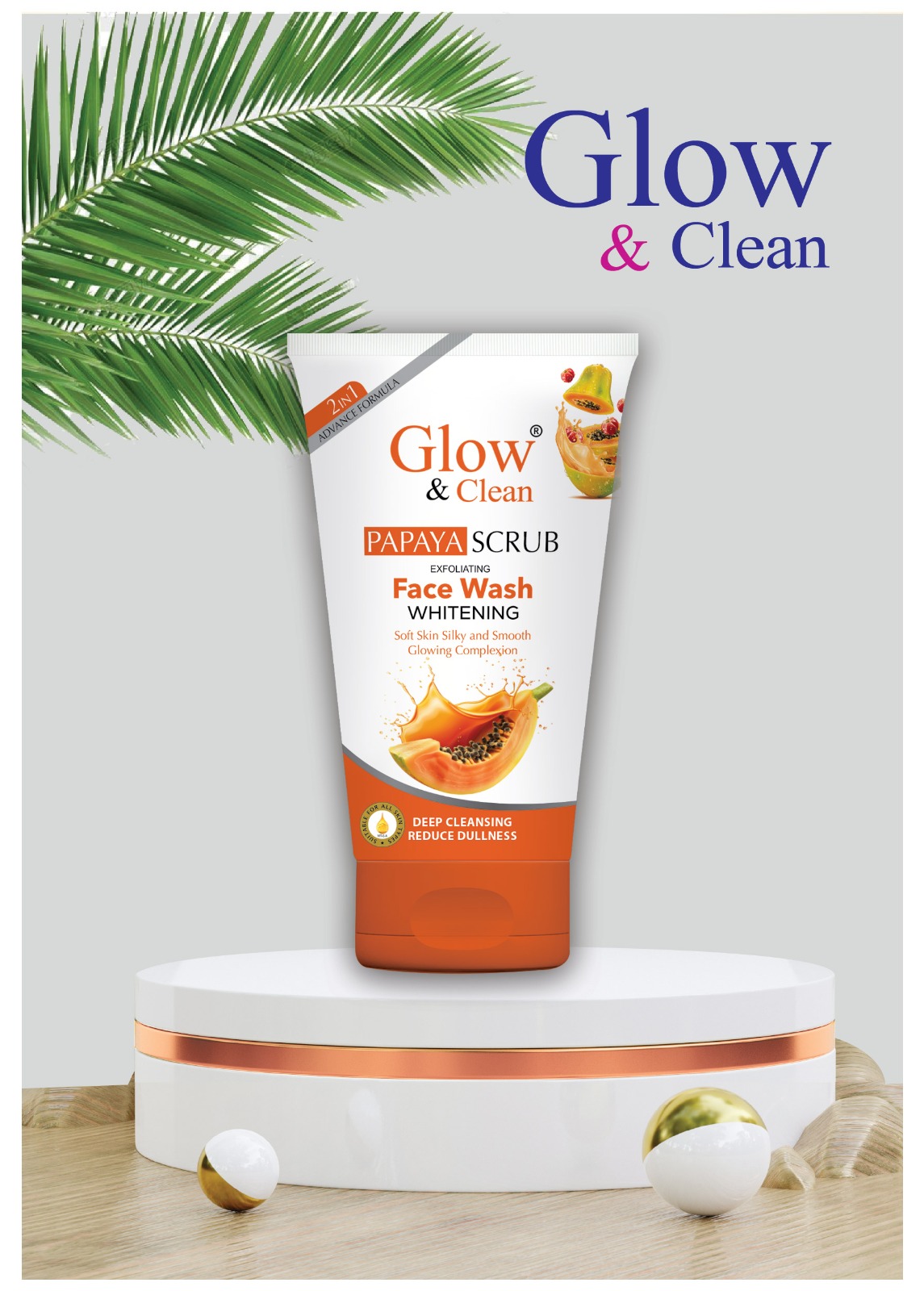 Glow & Clean Papaya Scrub Facewash Glow & Clean Papaya Whitening Facewash tube enriched with papaya enzymes for brightening and exfoliation.