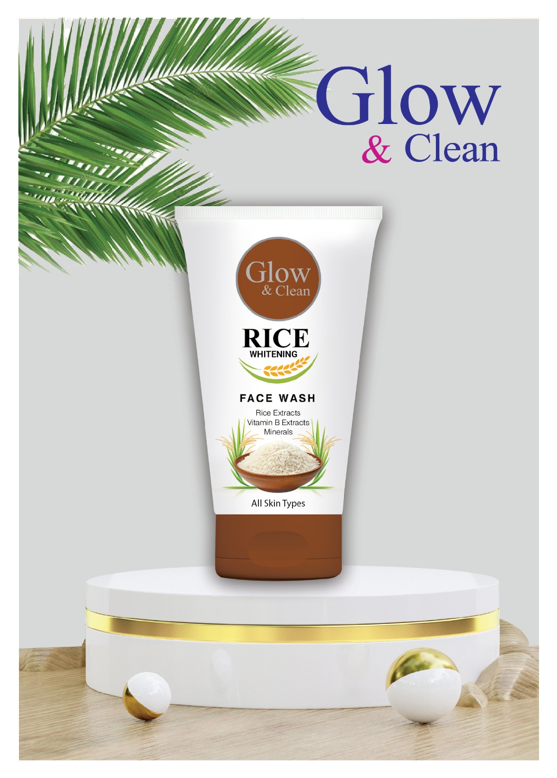 Glow & Clean Rice Whitening Facewash Glow & Clean Rice Facewash tube with natural rice extracts for brightening and cleansing skin.