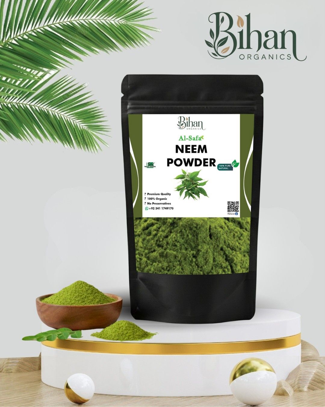 Neem powder made from dried neem leaves for acne care, scalp health, and natural purification